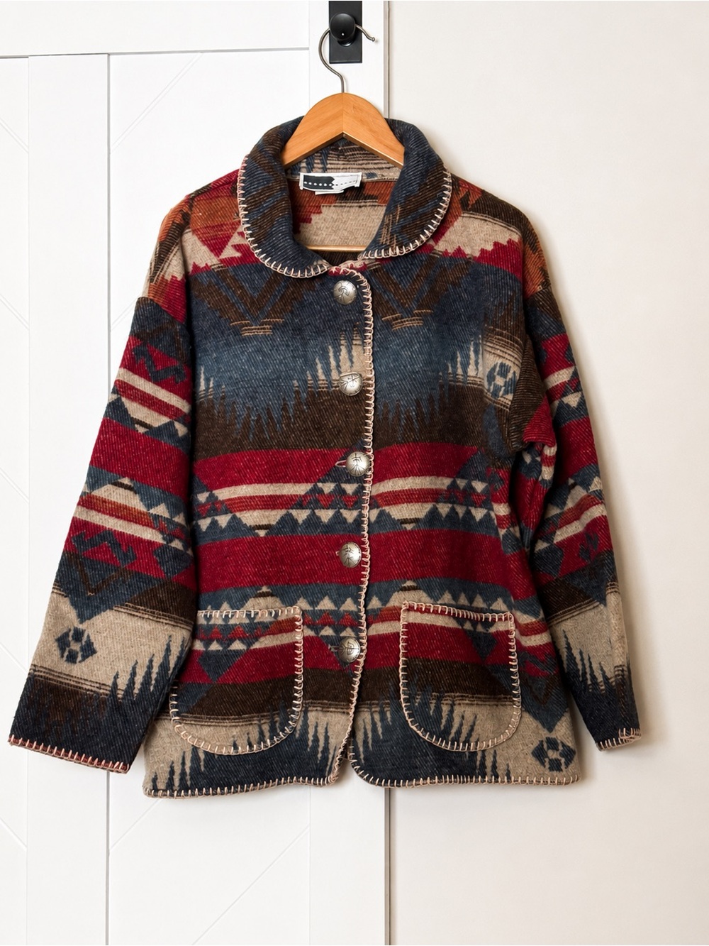 Aztec Pattern Button-Front Jacket - Red, Navy & Tan